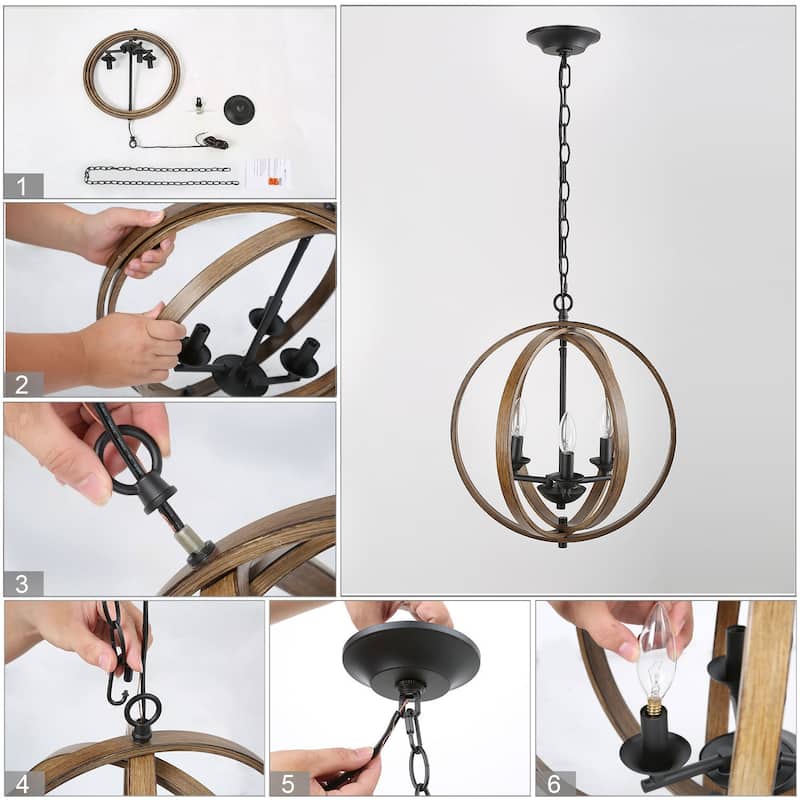 Farmhouse 3-Light Globe Wood Grain Chandelier for Dining Room Kitchen Island - W15.5"x H18"