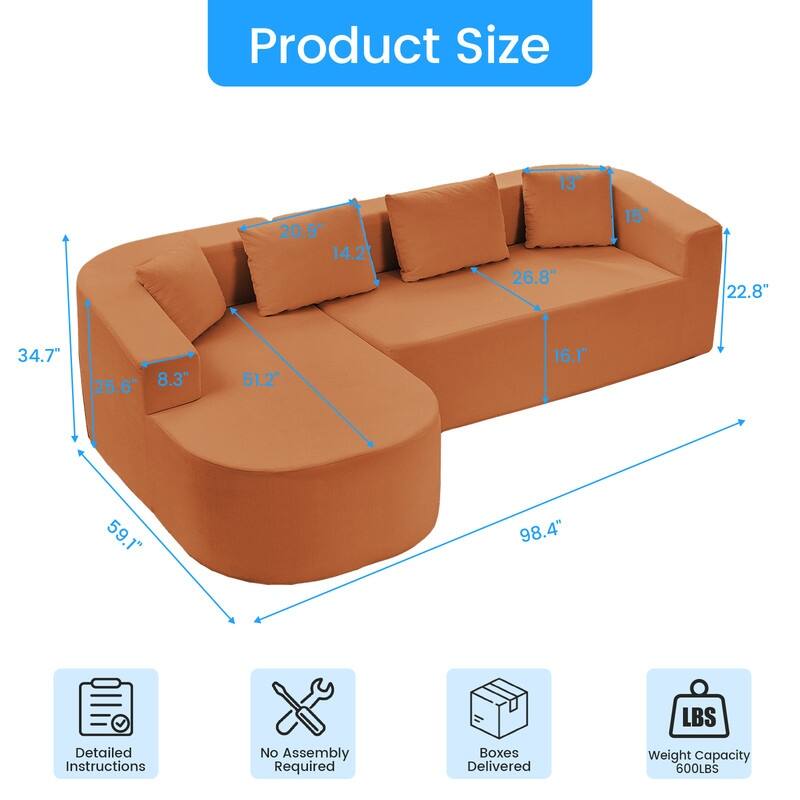 Mixoy 98 inch Chenille L Shape Sectional Sofa with Curved Chaise,Modern Cloud 3 Seater Sofa Couch