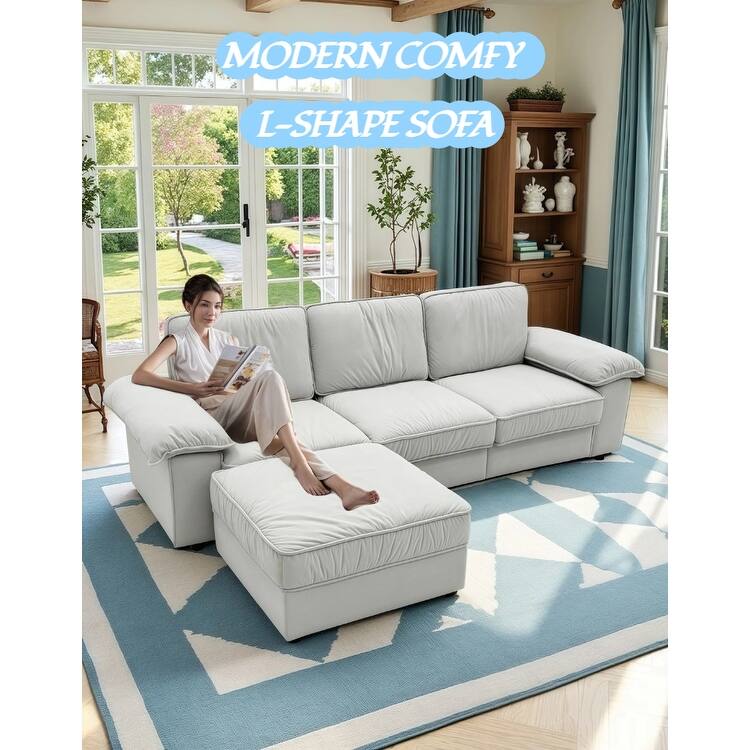 Upholstered L-Shaped Sectional Sofa Couch with Ottoman, Modern Fabric Deep Seat Sofa