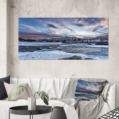Designart "Old Mountain River Among Snow At Sunrise" Lake House Canvas Wall Art Print