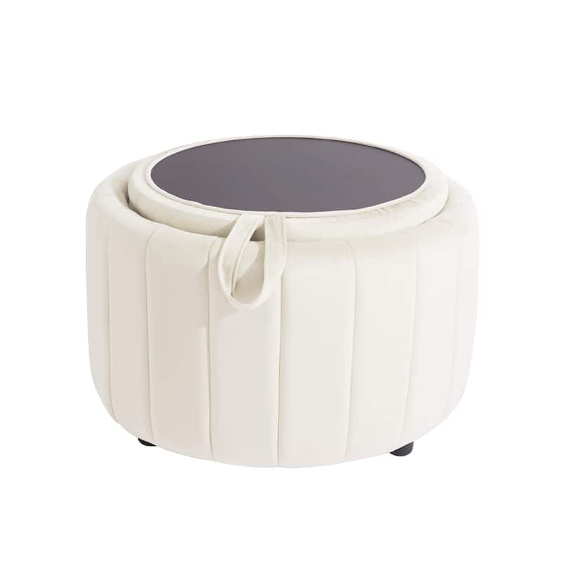 30" W Round Velvet Upholstered Storage Ottoman with Flip Top Tray