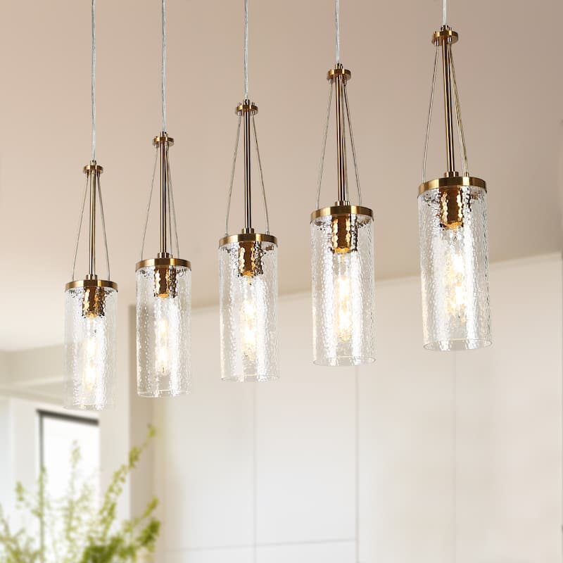 Modern 5-Light Gold Cylinder Glass Chandelier Linear Island Lights for Dining Room - L41.3" x H82.2" Max
