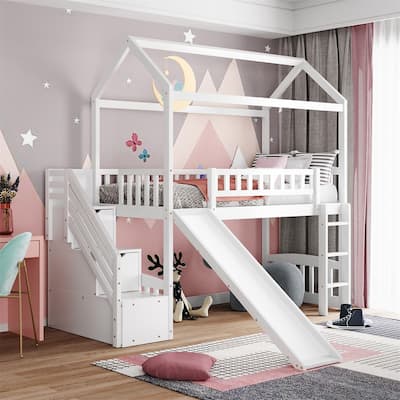 Merax Twin House Bed Loft Bed with Two Drawers and Slide