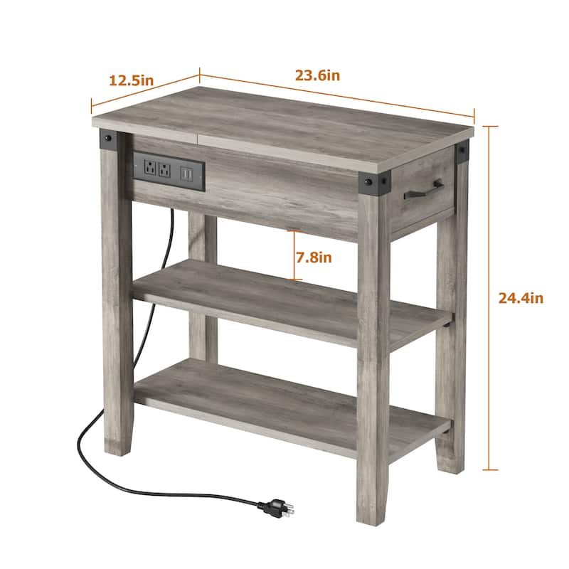 Farmhouse Narrow Side Table with Charging Station Drawer and Storage