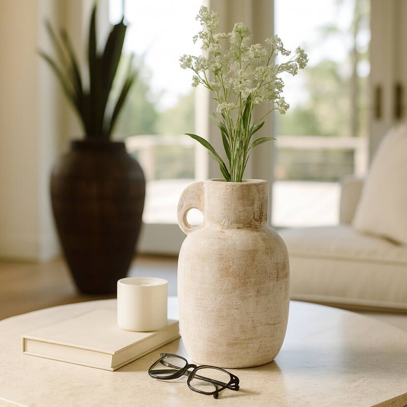 Ceramic Modern Vase with Sculptural Handle - Ivory, 15 in.