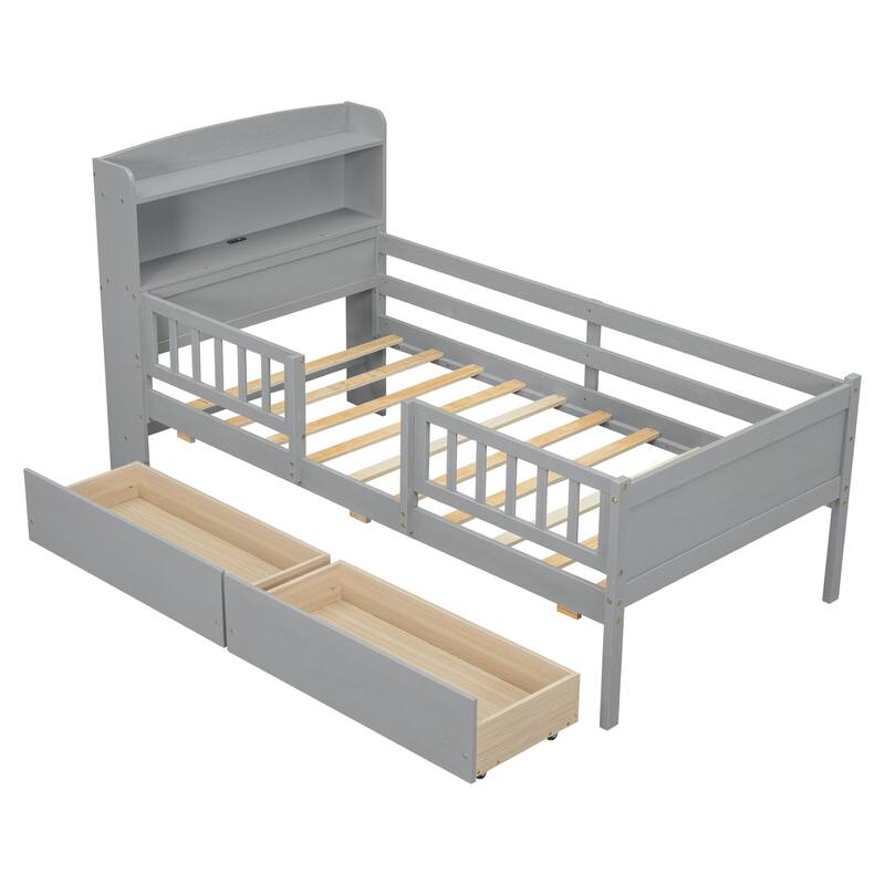 Twin Size LED Platform Bed with Multi-functional Headboard, Guardrails and Storage Drawers, Gray