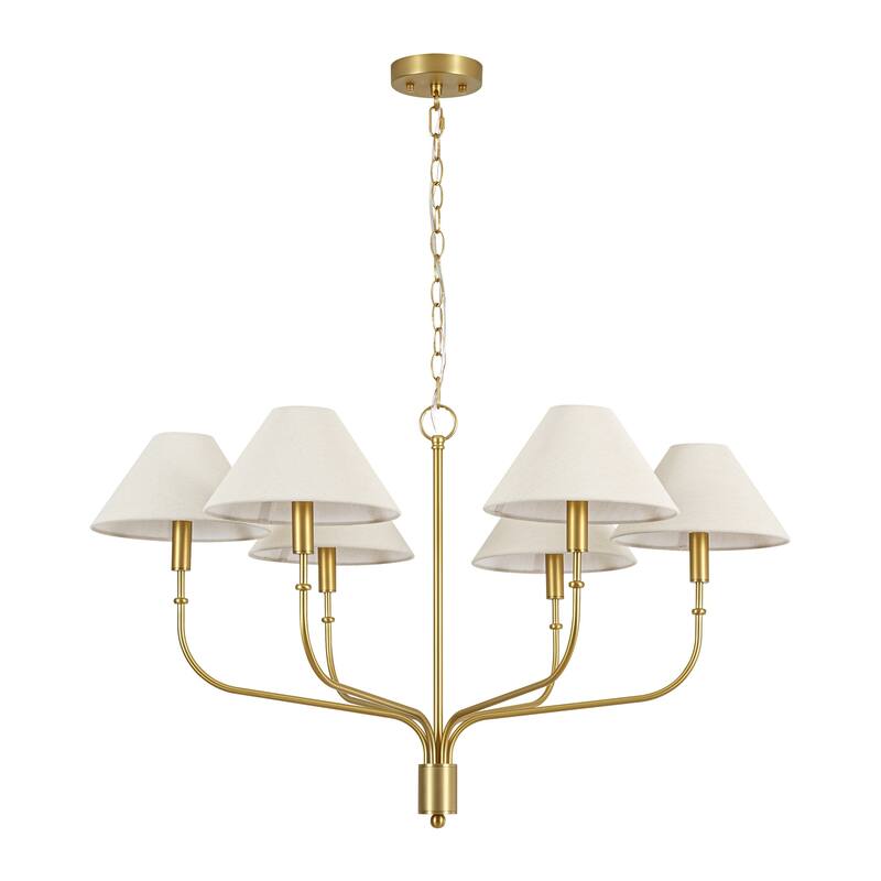 6-Light Mid-Century Modern Brass Chandelier with Beige Fabric Shades - Gold Finish Ceiling Light Fixtur for Living Room