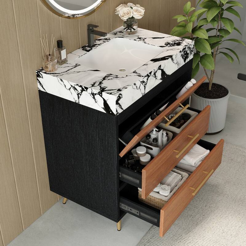 GDFStudio - Athens Modern 29.9" Freestanding Bathroom Vanity with Sintered Stone Top, Ceramic Vessel Sink & Stainless Steel Legs