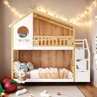 Roof Twin over Twin Bunk Bed House Bed With Storage and Guard Rail