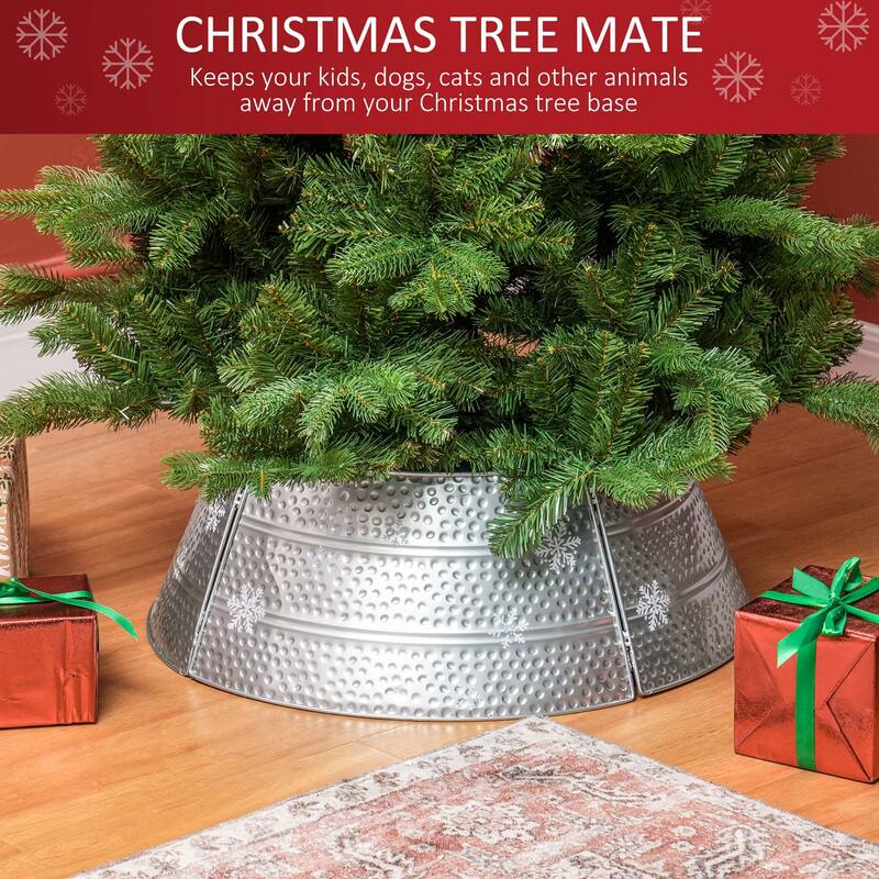 Bright Silver Christmas Tree Collar with Snowflake Engraving and Sturdy Metal Base Cover - 26" x 9" H