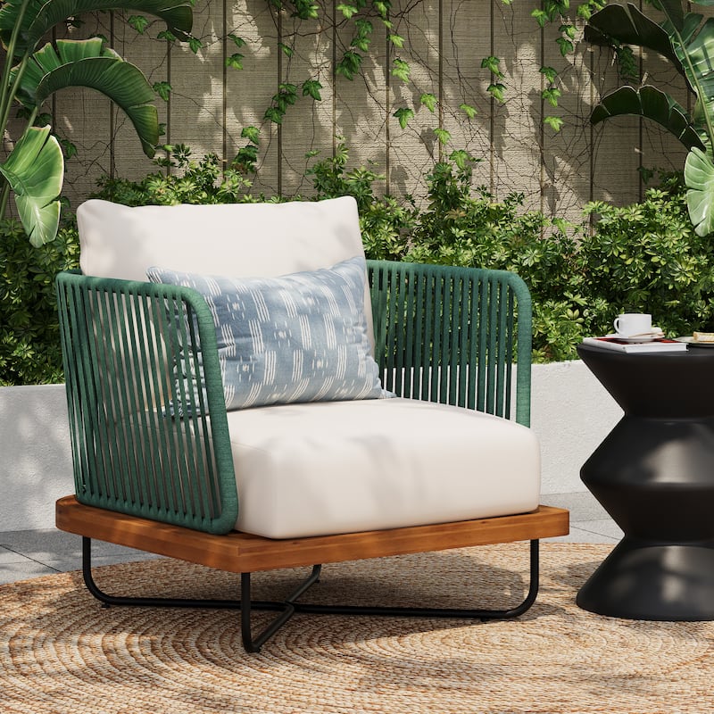 Christopher Knight Home - Emerson Coastal Acacia Wood Outdoor Chair with Cushions - 1-Piece - Teak finsh+Beige cushion+Grey rope