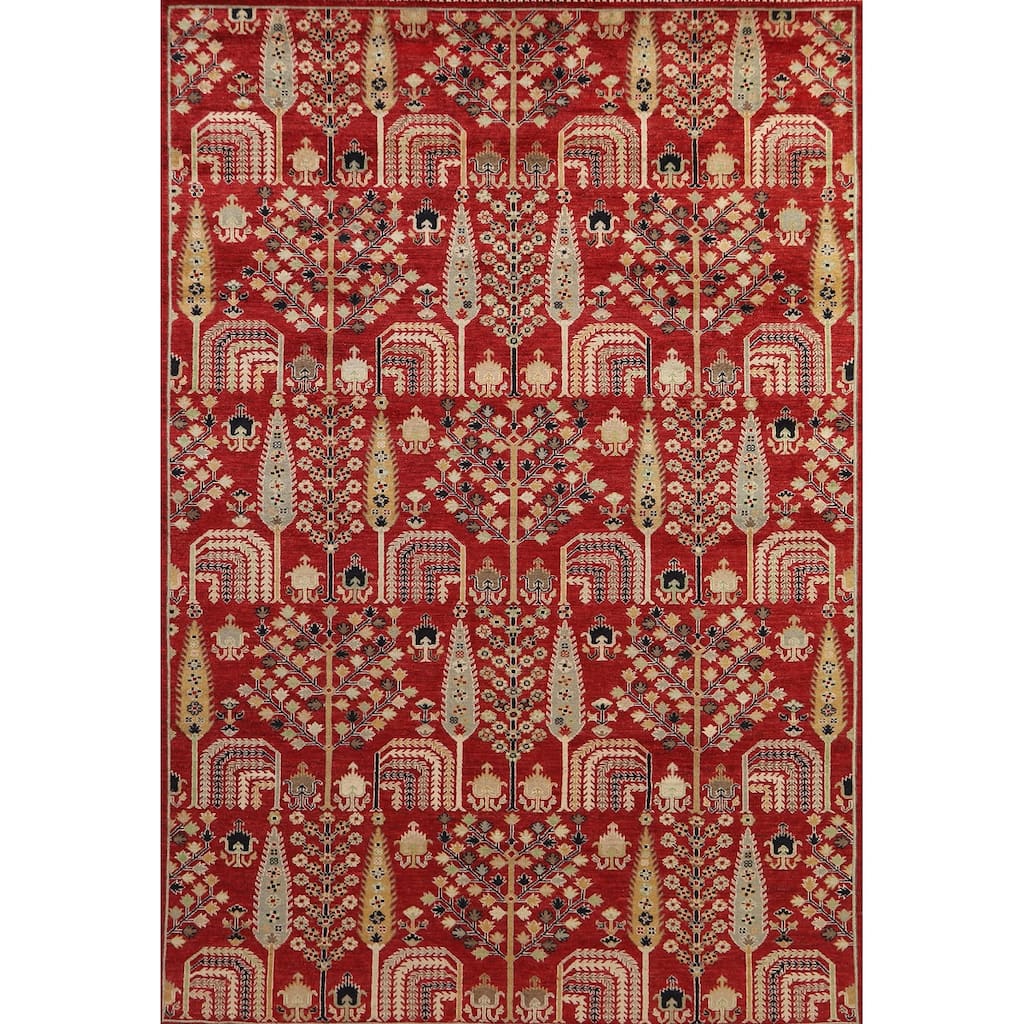Hand Knotted Oriental 100% Wool Carpet Traditional All-Over Red Ziegler Area Rug - 9' 9'' X 6' 7''