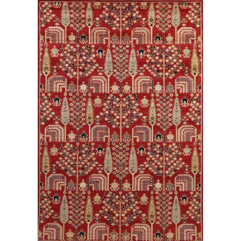 Hand Knotted Oriental 100% Wool Carpet Traditional All-Over Red Ziegler Area Rug - 9' 9'' X 6' 7''