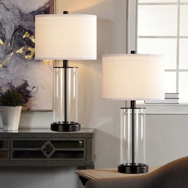 KAWOTI 23 inch Glass Table Lamp Set with Bulbs and USB Ports (set of 2) - Bronze