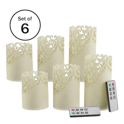 LED Candles with Remote Control – Set of 6 Realistic Flameless Pillar Lights with Lace Details and Vanilla Scented Wax