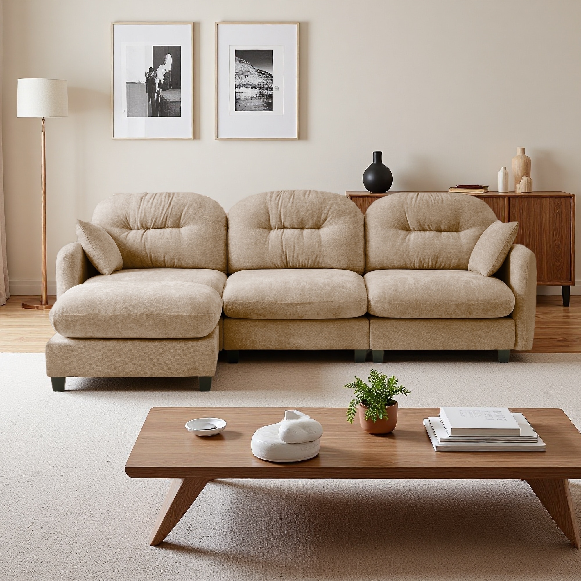 107" Chenille Modular L-Shaped Sectional with Ottoman and Tufted Backrest