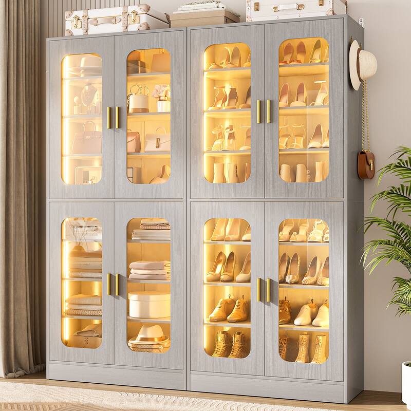 8-Tier Shoe Cabinet with LED Light, 32 Pairs Tall Shoe Storage Organizer with Side Hooks - Grey - 2pcs