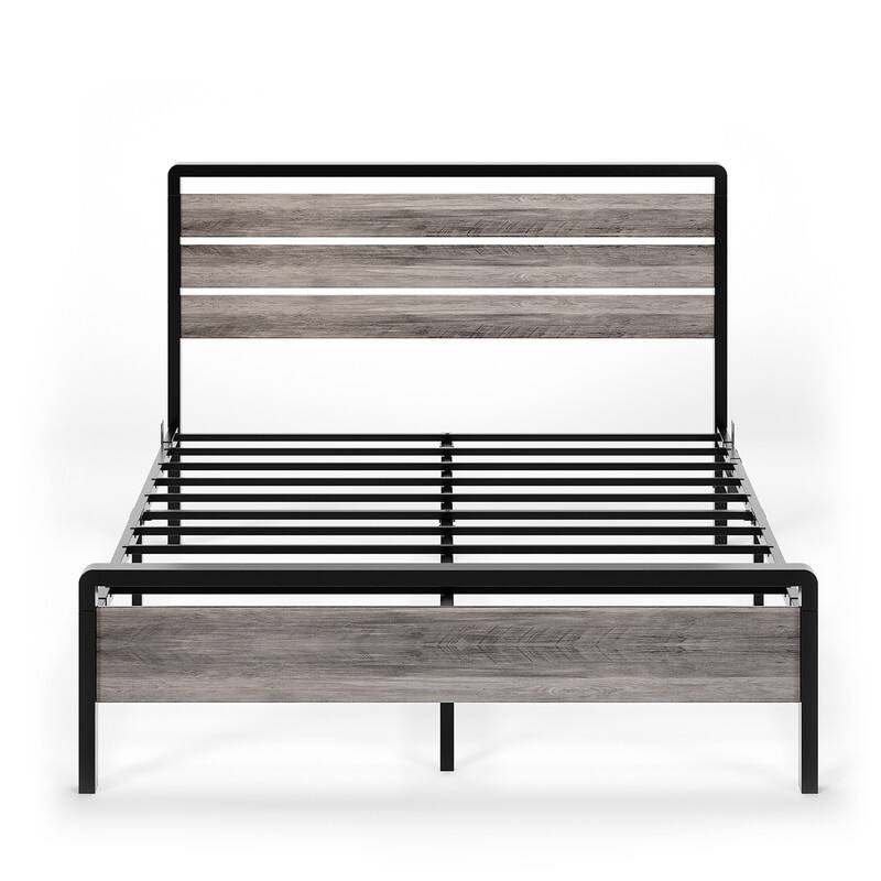 Bed Frame with LED Light and Charging Station, Metal Platform Bed with Wood Headboard