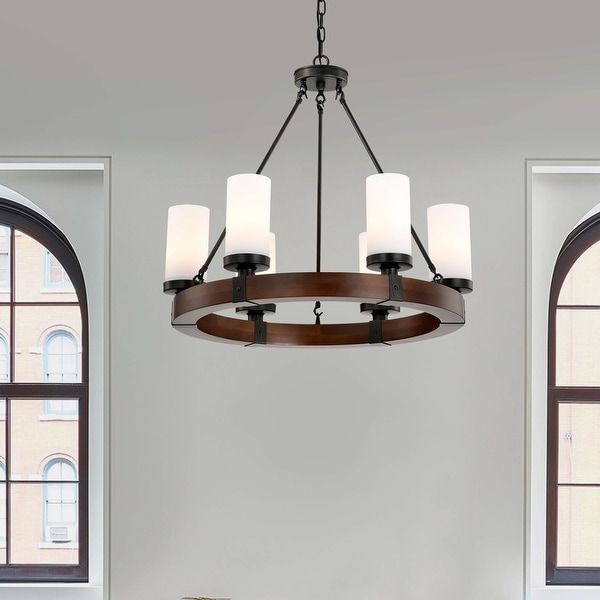 Daniela Antique Black 6-light Round Wood Chandelier with Frosted Glass