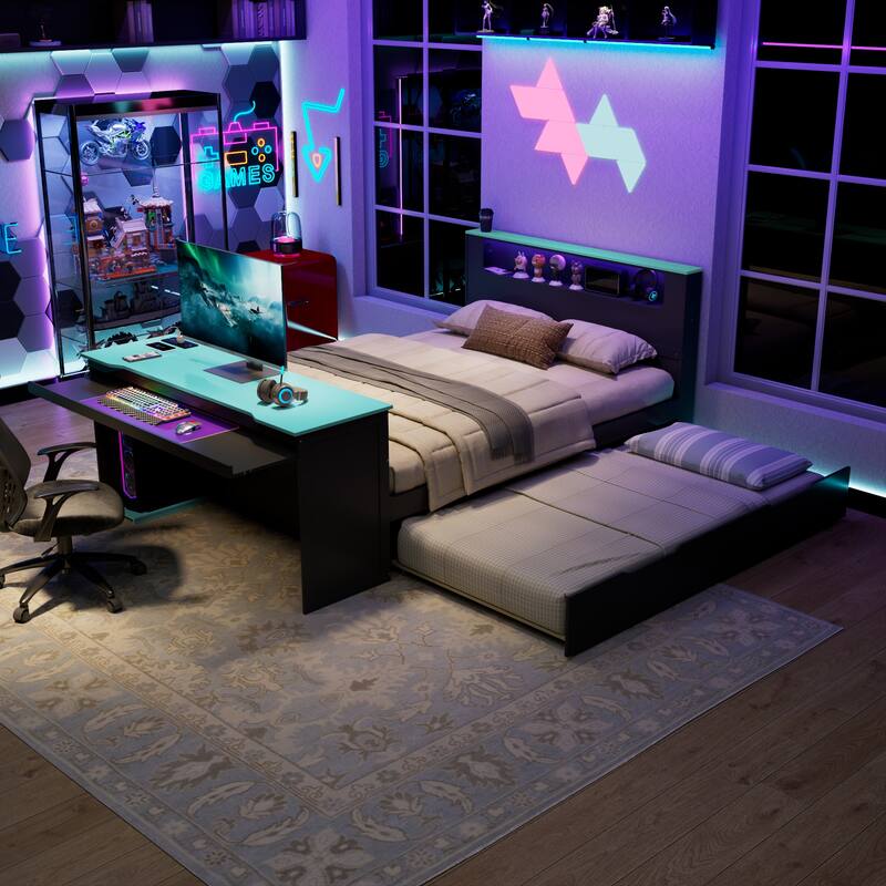 Wood Daybed with Trundle & Built-in Desk, LED Lights & USB Charging Port, Available in Full or Twin - Blue - Full