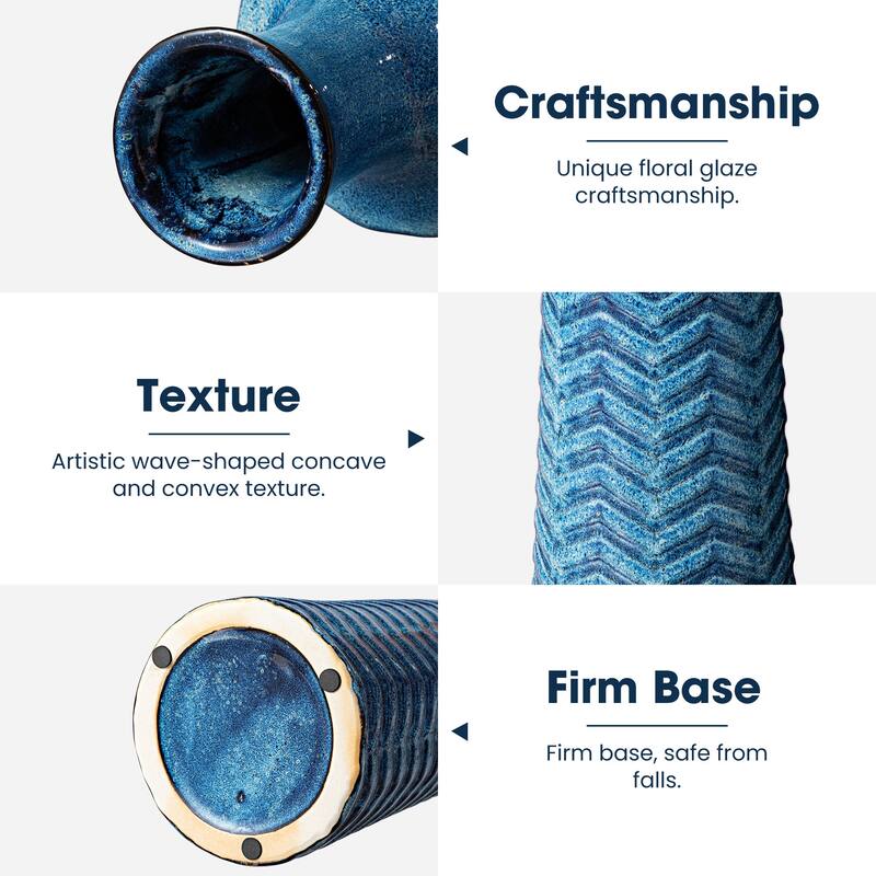 Glitzhome Set of 2 Brilliant Blue Ceramic Table Decorative Vases with Chevron Pattern