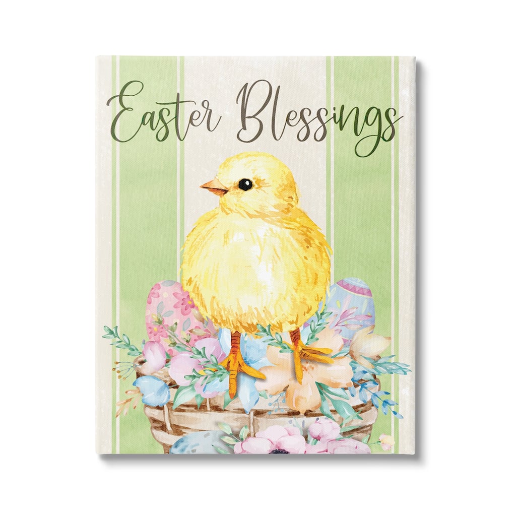 Stupell Easter Blessings Text Striped Yellow Chick Egg Basket Canvas Wall Art