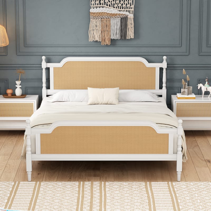 Traditional Style Rattan Bed Frame - Antique White - King