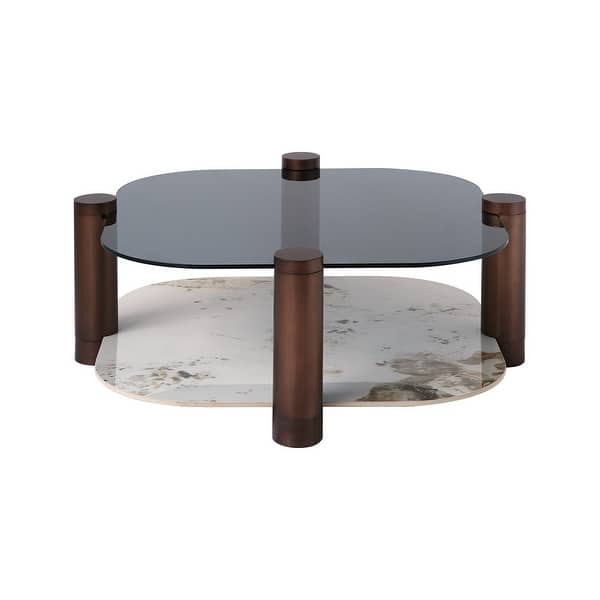 slide 2 of 8, 35 in Modern Coffee Table Stone and Tempered Glass Tabletop with Steel Legs Brown