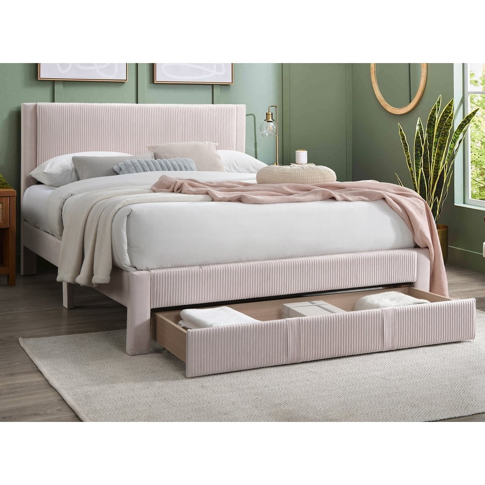 Queen Size Corduroy Platform Bed with Storage Drawer and Channel-Tufted Headboard and Contemporary Design