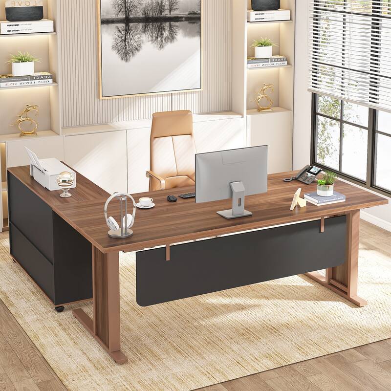 63" Large Executive Desk L Shaped Computer Desk with File Storage Cabinet