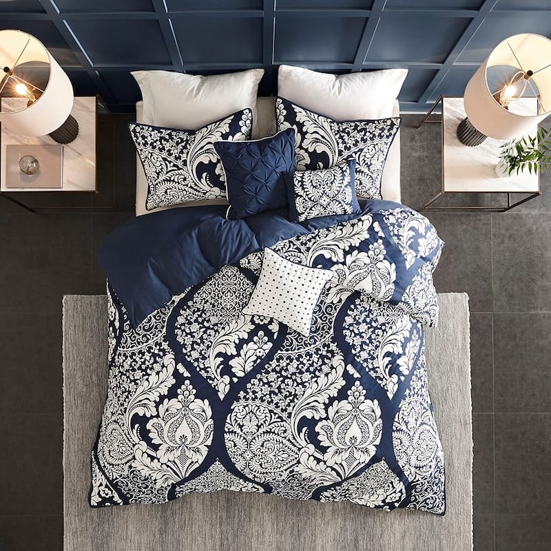 GDF Studio - Vienna 6-Piece Printed Duvet Cover Set with Decorative Pillows - Navy