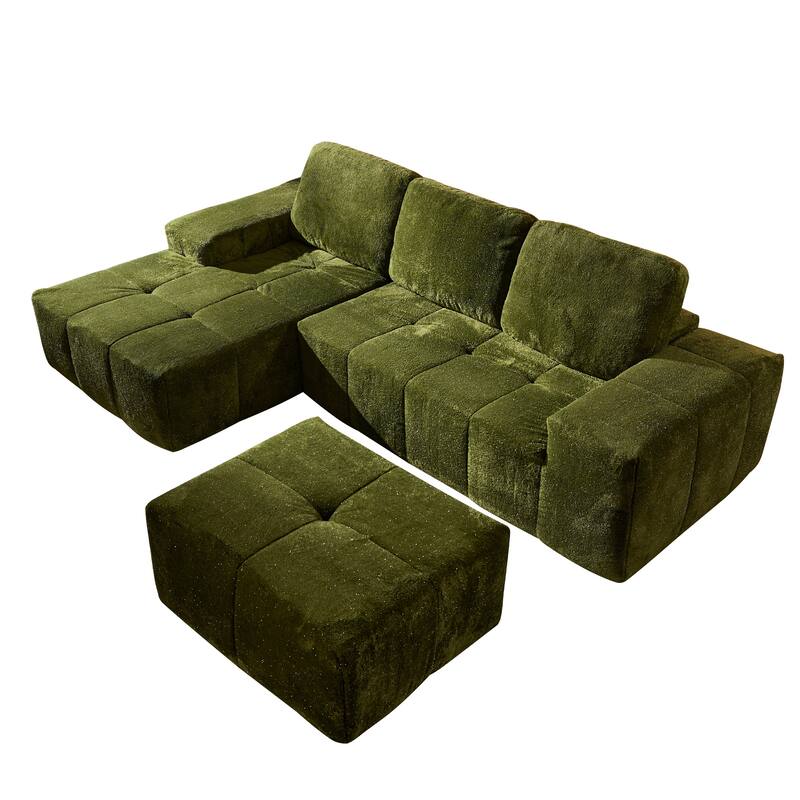 HOOOWOOO Modern Sparkly Velvet Fabric Chaise Sofa Couch with Ottoman