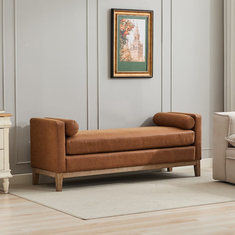 66.34"W Upholstered Bench, End of Bed Bench Ottoman with Wood Legs & 2 Bolster Pillows for Bedroom, Entryway