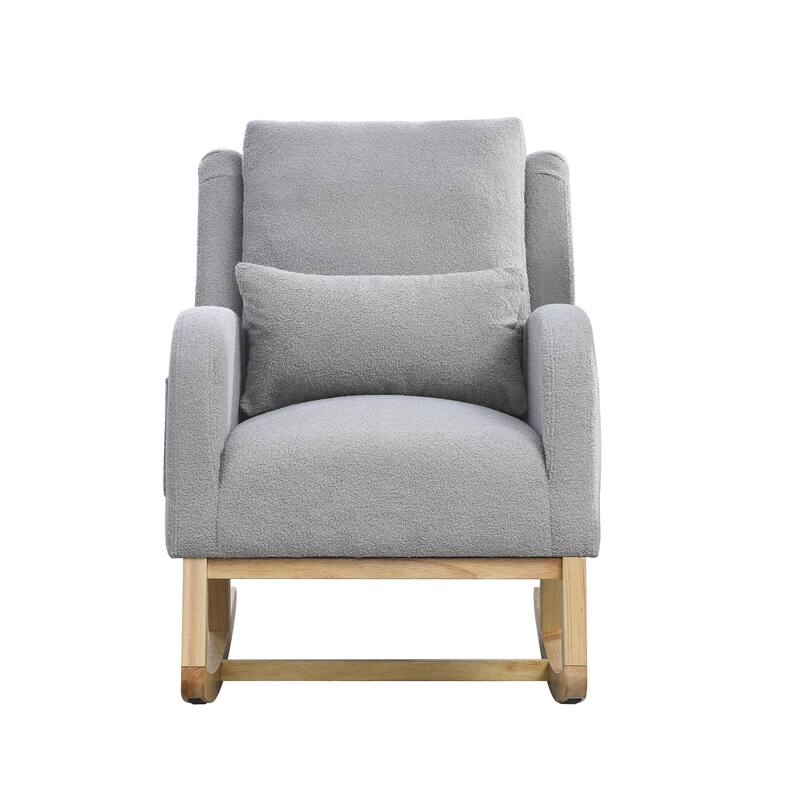 High Back Rocker Accent Chair with Wood Base, One Lumbar Pillow and Two Side Pockets