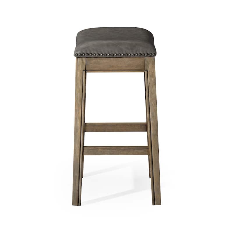 HomeRoots 26" Stone and Oak Faux Leather and Solid Wood Backless Counter Height Bar Chair