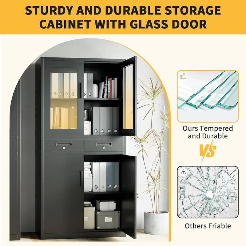 71" Black Metal Storage Cabinet with Glass Doors for Workshop, Office - N/A
