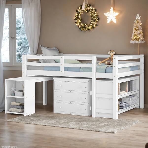 slide 2 of 30, Contemporary Low Study Full Loft Bed with Cabinet and Rolling Portable Desk, Solid Construction & Versatility Galore White