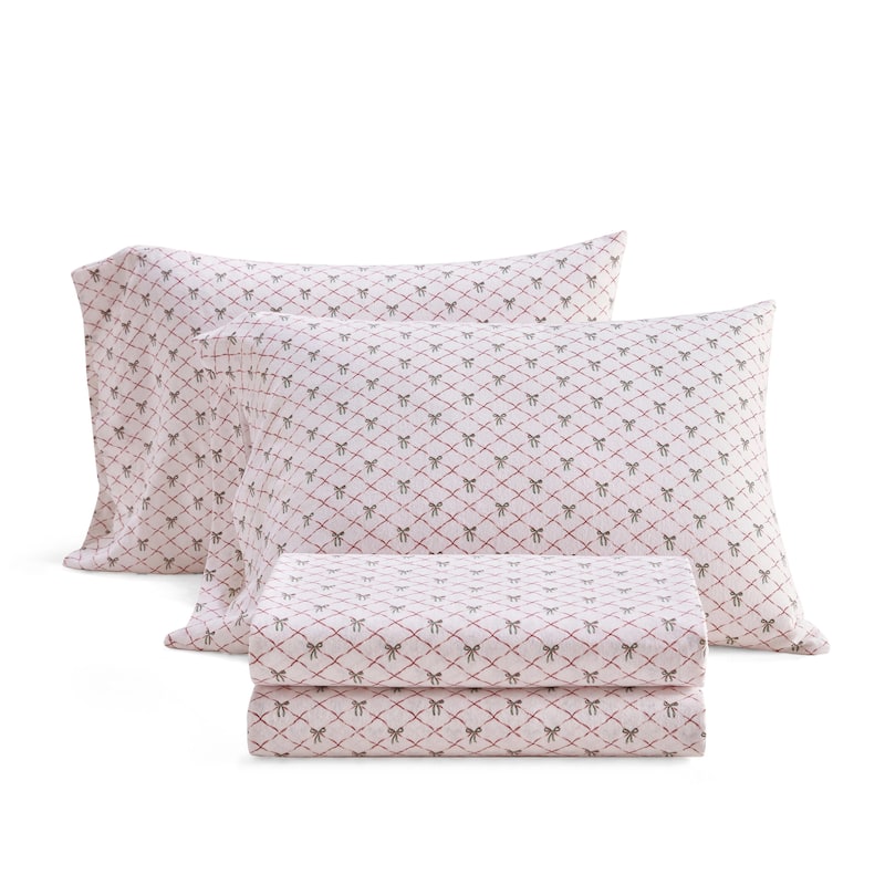 Martha Stewart Printed Cotton Flannel Sheet Set - Holiday Bows Red - Twin