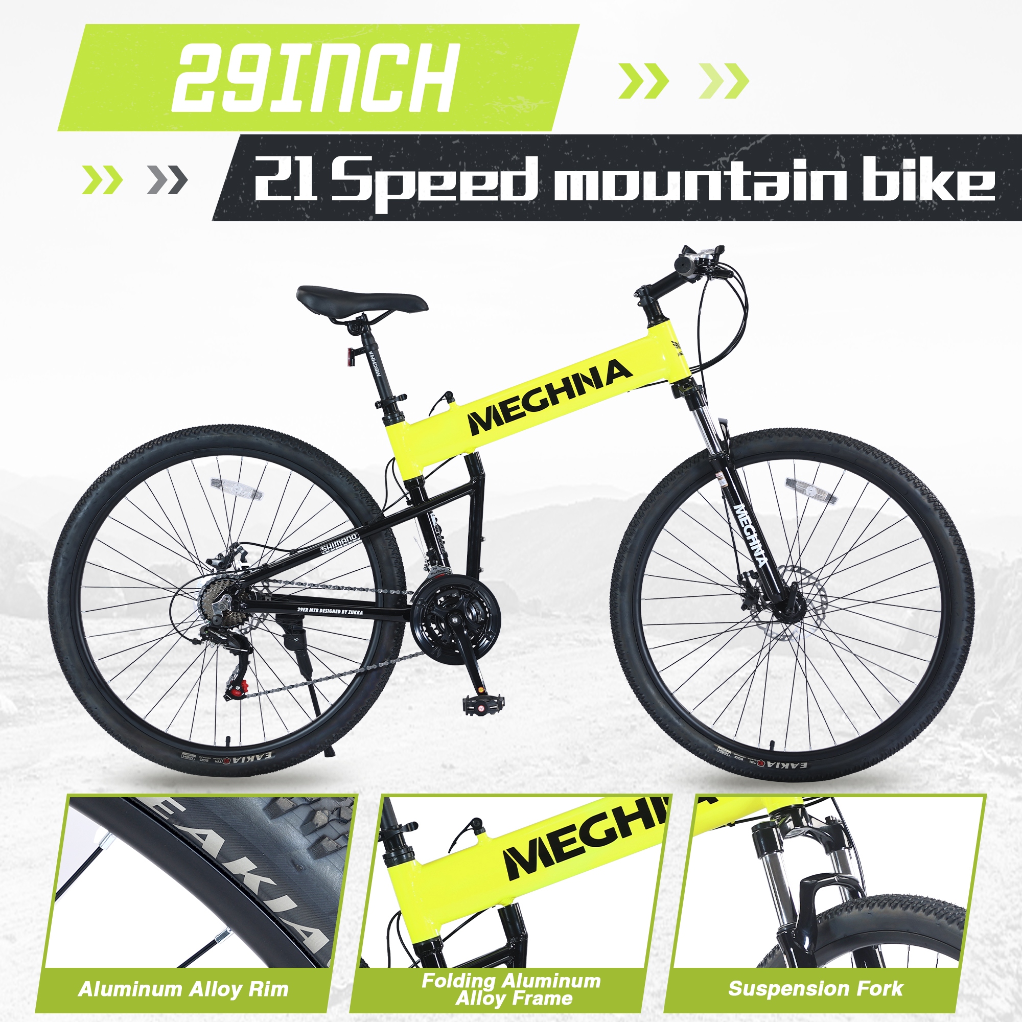 29 Folding Mountain Bike Aluminium Alloy Frame 21Speed Mountain Bike Yellow