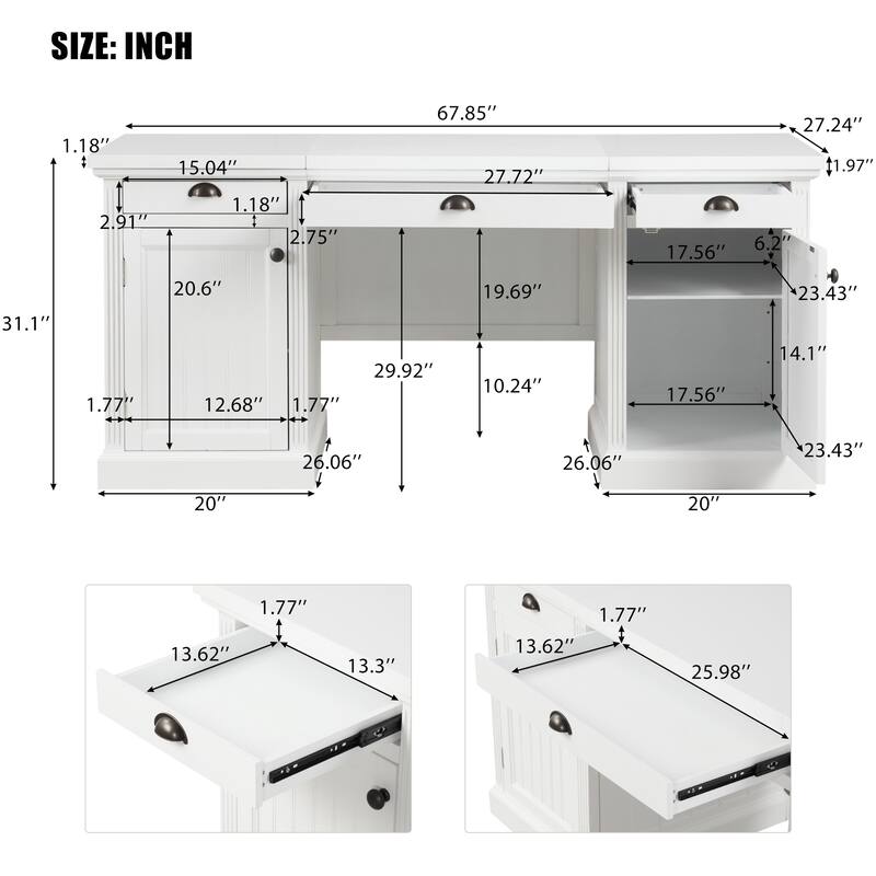 67''Modern Executive Desk,Computer Desk with 2 Storage Cabinet and 3 Drawers, Rectangle Home Office Desk with back