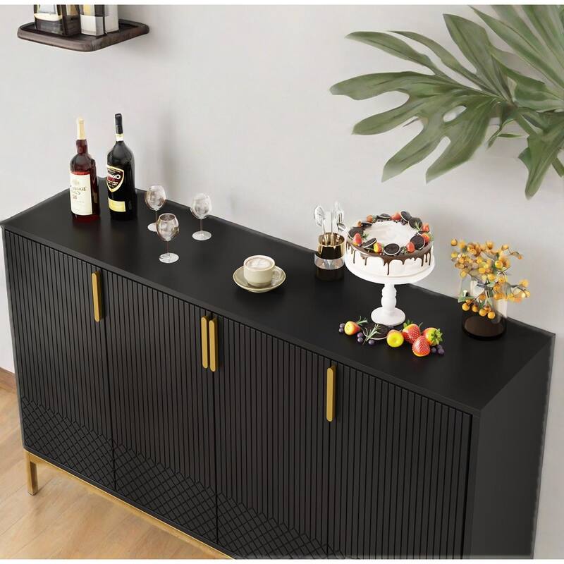 Modern MDF Buffet Sideboard Cabinet with 4 Doors and Metal Legs for Kitchen Dining or Living Room - 59"L x 13.7" W x 35.5" H