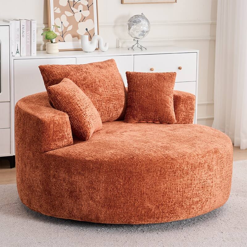 Round Accent Chair with High-Resilience Cushions, Swivel Chenille Barrel Chair, Fluffy Sleeper Lounge Chair
