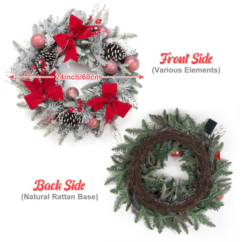 24" Pre-Lit Lighted Flocked Christmas Wreaths for Front Door - N/A