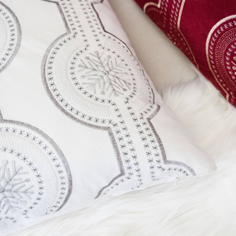 White Holiday Embroidered Velvet Throw Pillow