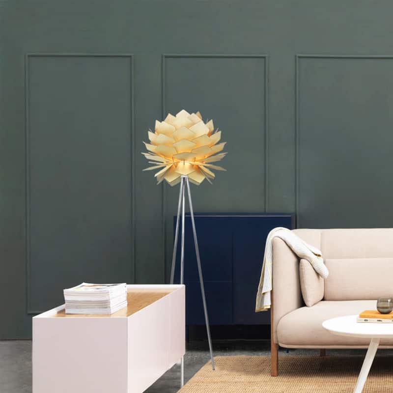 1 Light Chrome Metal Base Floor Lamp With Wood Shade