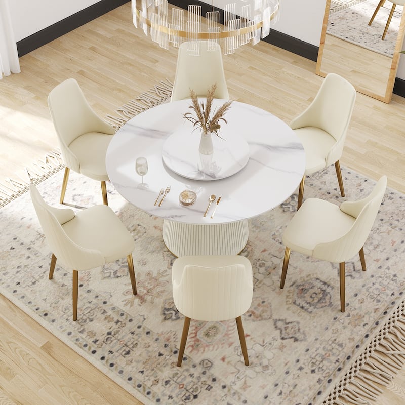 Modern 53" Round White Dining Table for 6 Person Marble Top Gold & Black Pedestal - white + white truntable