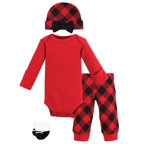 slide 1 of 1, Hudson Baby Girls Thermal Preemie Layette Set 4pc Long Sleeve Outfit, Girl Buffalo Plaid, Preemie Preemie - Girl Buffalo Plaid Long Sleeve