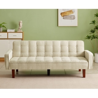 Linen Futon Sofa Bed with Adjustable Backrest and Solid Wood Legs - Bed ...
