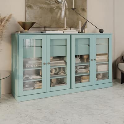 Palace Imports 100% Solid Wood 64" Sideboard with Clear Glass Doors, 4-Drawers and Adjustable Shelves