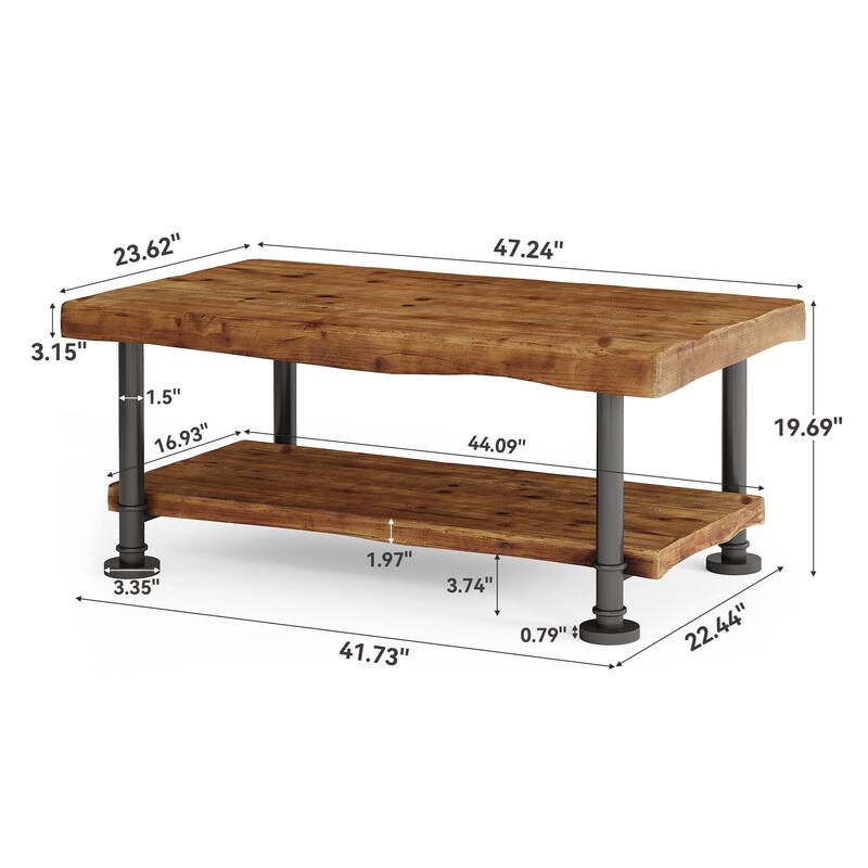 Farmhouse Coffee Table with Storage Solid Wood 2-Tier Center Table for Living Room